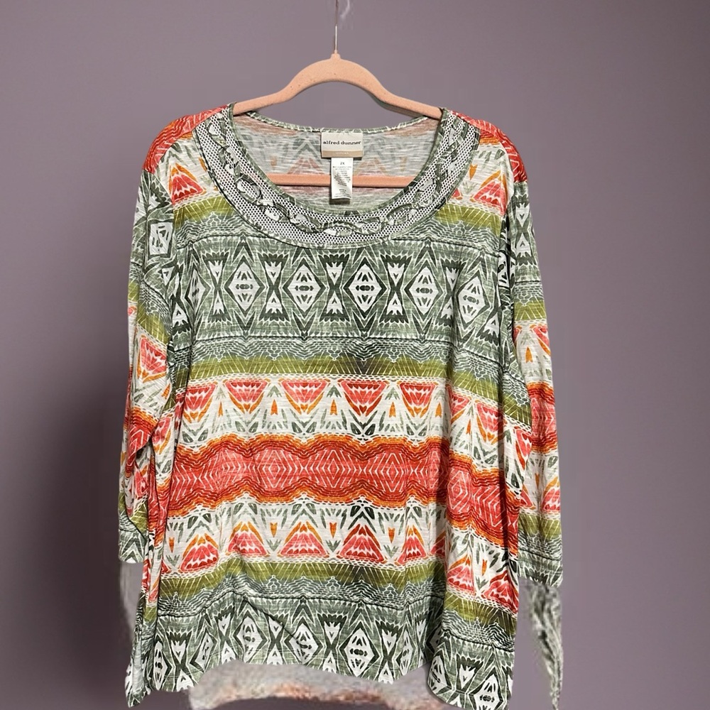 Alfred Dunner Women's Multicolor Tribal Print Long Sleeve Knit Top Size 2 XL